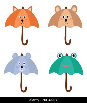 Collection of animalistic umbrellas. Pictures for children. Accessories with animals. Fox, bear, mouse, frog. Graphic elements. Flat vector Stock Vector