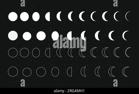 Vector illustration of moon shapes on a dark background, filled in white and outlined Stock Vector