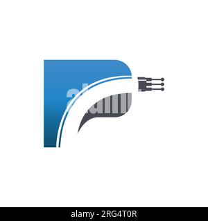 Initial p letter alphabet electric wire logo with negativ space style, optical fiber cable logo design. Stock Vector