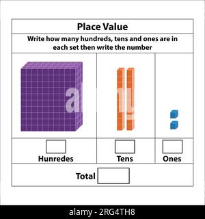 Place Value hundreds tens and ones. 10 blocks. and single blocks. Vector illustration isolated on white background. Stock Vector