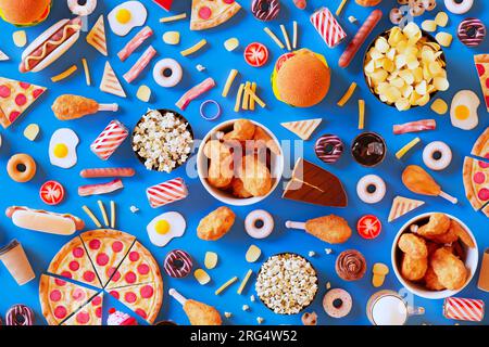 Assorted Fast Food Top View Table Filled with Delicious Treats and Refreshments Stock Photo