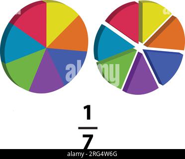 A fraction pie is divided into one-six slice, each showing math fractions, explained in mathematics. on a white background. Stock Vector