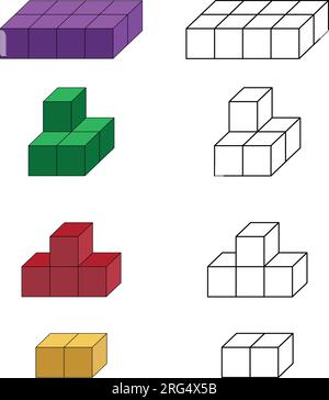 isometric 3d cubes. color cube and outline. on white background Stock Vector