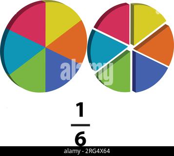 A fraction pie is divided into one-six slices, each showing math fractions, explained in mathematics. on a white background. Stock Vector