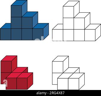 isometric 3d cubes. color cube and outline. on white background Stock Vector
