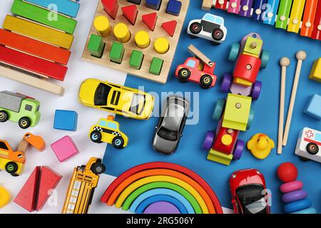 Different children's toys on color background, flat lay Stock Photo