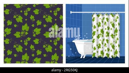 Bathroom interior with bathtub and curtain decorated seamless pattern with green leaves and tendrils. Vector illustration, ornament for design of post Stock Vector