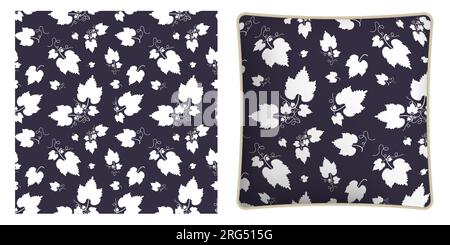 Square decorative pillow, bedroom accessory decorated seamless pattern with white leaves and tendrils. Vector ornament for design of posters and print Stock Vector