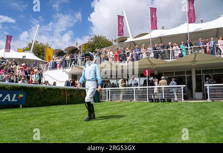 Jockey Rossa Ryan heads into the parade ring on day 1 of the Qatar Goodwood Festival Meeting 2023 at Goodwood Racecourse, Chichester Stock Photo