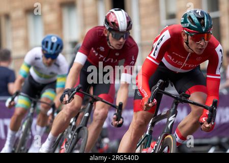 Patrick Gamper of Austrian an attritional and dramatic men’s UCI World Road Race title in Glasgow August 2023.Gamper came in 22nd. Stock Photo