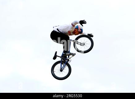 Great Britain's Kieran Reilly competes in heat 3 of the Men's Elite BMX Freestyle Final during day five of the 2023 UCI Cycling World Championships at the Glasgow Green. Picture date: Monday August 7, 2023. Stock Photo