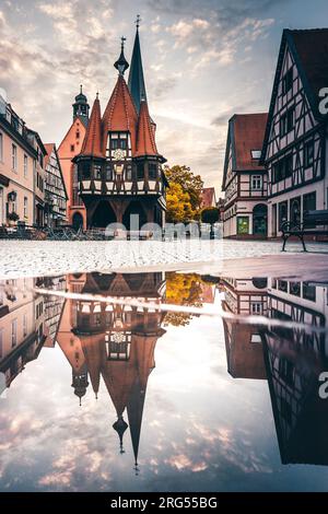 The beautiful historic village in Hessen Germany is called Michelstadt. Here you can see part of the old town with its Gothic half-timbered houses Stock Photo