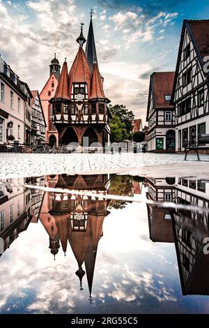The beautiful historic village in Hessen Germany is called Michelstadt. Here you can see part of the old town with its Gothic half-timbered houses Stock Photo