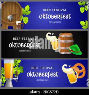 Set of Oktoberfest banners with beer production elements Stock Vector