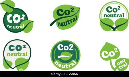 co2 neutral green logo set with leaves. Eco friendly sigh, carbon decrease, package ison concept. Stock Vector