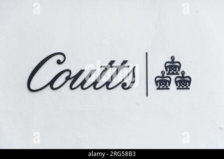 London, UK - July 31, 2023; Sign on wall with name and logo of Coutts and Co private bank in London Stock Photo