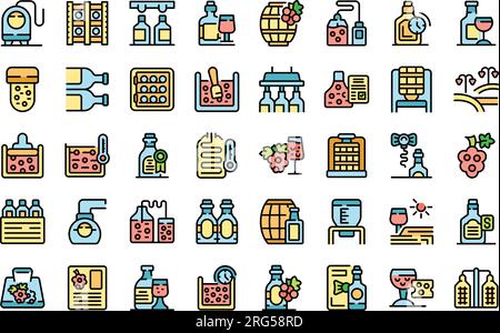 Wine production icons set outline vector. Winery industry. Fruit shape thin line color flat on white Stock Vector
