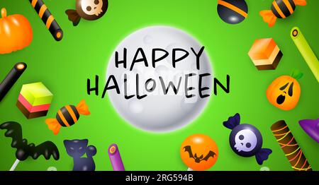 Happy Halloween lettering with moon and confectionery Stock Vector