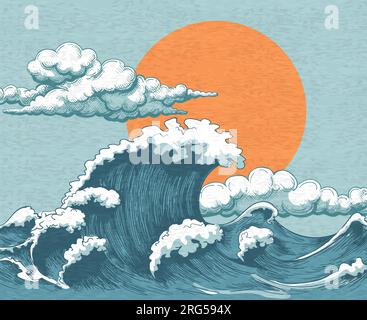 Ocean waves color drawing Stock Vector