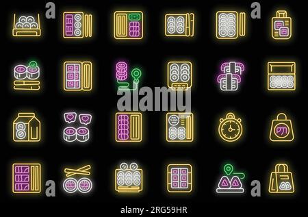 Sushi to go icons set outline vector. Food box. Meal takeout neon color on black Stock Vector