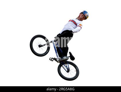 Great Britain's Kieran Reilly competes in heat 3 of the Men's Elite BMX Freestyle Final during day five of the 2023 UCI Cycling World Championships at the Glasgow Green. Picture date: Monday August 7, 2023. Stock Photo