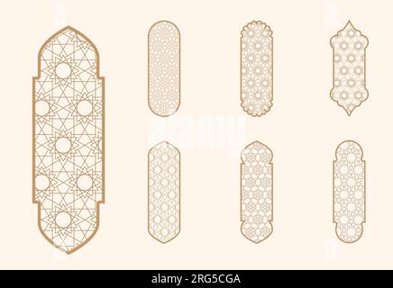 Islamic window shape with mashrabiya pattern. Arabic door frame. Islamic arhitecture elements of window and door and mashrabiya pattern. Stock Vector