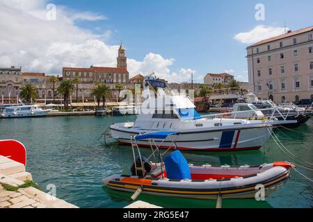 The waterfront of the historic coastal city of Split in Dalmatia, Croatia. This part of the waterfront is known as Riva. The Cathedral is centre Stock Photo