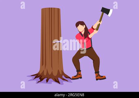 Graphic flat design drawing female lumberjack with an ax chopping wood. Woodcutter chopping tree with axe. Wearing shirt, jeans, boots. Pretty woman w Stock Photo