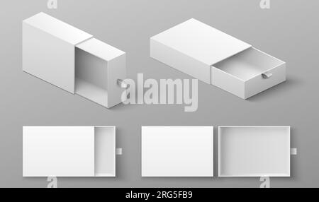 Realistic slide box mockup set with ribbon to pull out Stock Vector