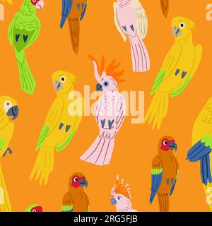 Cute tropical birds on orange. Parrots and toucan sitting on branches. Seamless tropical pattern background. Vector illustration Stock Vector