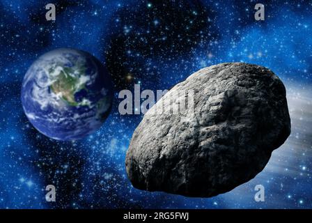 asteroid dangerously approaching planet Earth Stock Photo