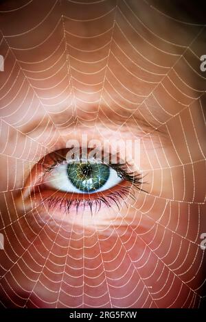 woman eye behind a spider web Stock Photo