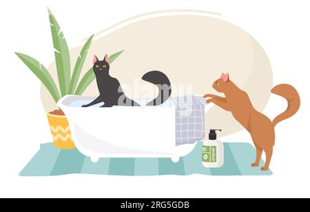 Clean animals vector illustration with cute cat washing in bath Stock Vector