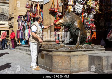 Florence, Porcellino Fountain,  lucky bronze statue, located in the center of Florence, Italy, Europe Stock Photo