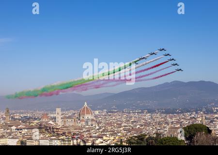 Tricolor arrows over Florence, Florence, Italy, Europe, exhibition for the 100th anniversary of Maestro Zeffirelli Stock Photo