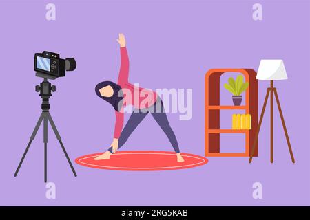 Character flat drawing Arabian woman blogger in hijab sportswear shoots video on camera doing exercises at home. Fitness vlogger live broadcast of tra Stock Photo