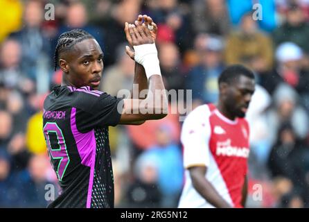 Unterhaching, Germany. 07th Aug, 2023. Soccer: Test matches, FC Bayern Munich - AS Monaco at Alpenbauer Sportpark. Mathys Tel from Munich in action. Credit: Sven Hoppe/dpa/Alamy Live News Stock Photo