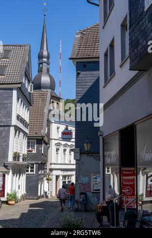 The old town of Langenberg, a district of Velbert in the district of Mettmann, one of 2 antennas of the Langenberg broadcasting station of the WDR for Stock Photo