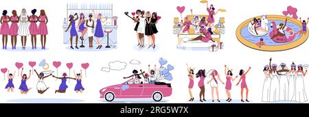 Bachelorette party hen party set of flat icons and isolated compositions of party women leisure activities vector illustration Stock Vector