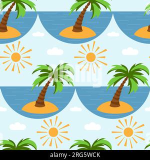 Vector seamless pattern with palm tree, sea and sun. Summer pattern in a flat style. Summer print. Stock Vector