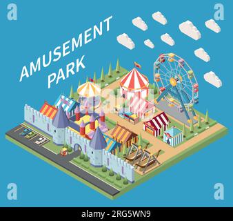 Amusement park isometric composition with isolated view of recreation area with medieval style wall and attractions vector illustration Stock Vector