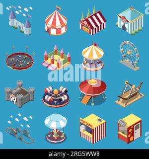 Amusement park isometric set of isolated icons with traveling circus big tops junk food stalls attractions vector illustration Stock Vector