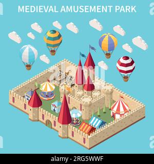 Amusement park isometric composition with isolated view of fortress style territory with attractions circus big tops vector illustration Stock Vector