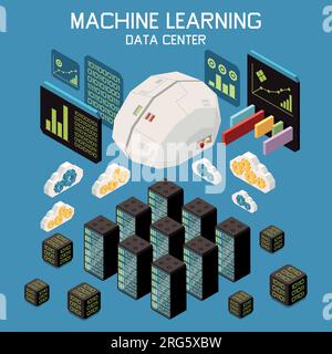 Machine learning isometric composition with text and data center icons server racks artificial brain and clouds vector illustration Stock Vector