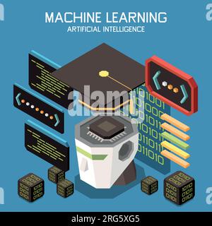 Machine learning isometric composition with text and cubes with code robotic head chip with academic hat vector illustration Stock Vector