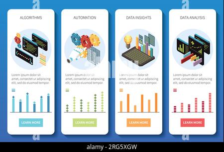 Machine learning set of vertical banners with isometric compositions of icons bar charts and text buttons vector illustration Stock Vector