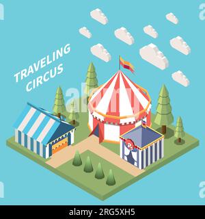 Amusement park isometric composition with isolated view of traveling circus big top with clouds and text vector illustration Stock Vector