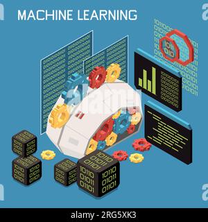 Machine learning isometric composition with artificial brain full of gears with cubes of code and text vector illustration Stock Vector