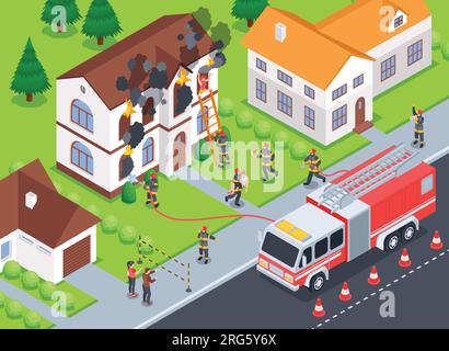Isometric firefighter composition with outdoor town scenery fire truck and firemen putting fire out of house vector illustration Stock Vector