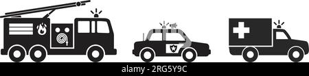 simple emergency vehicle set fire engine truck ambulance police car black silhouette side view icon symbol vector isolated on white background Stock Vector
